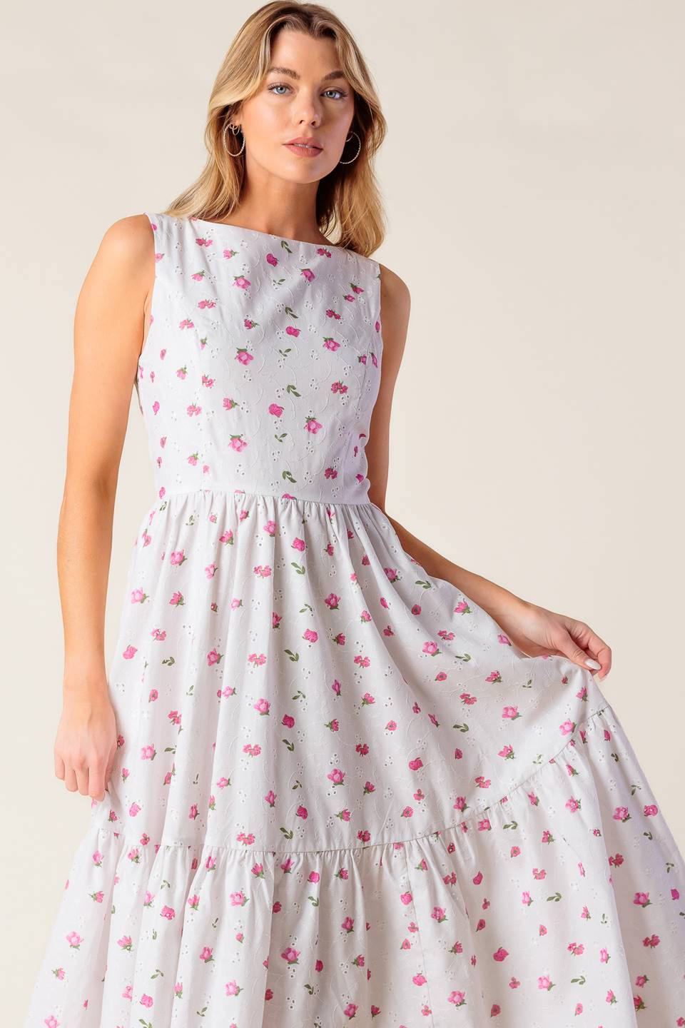 THENA GARDEN PARTY WOVEN EYELET MIDI DRESS