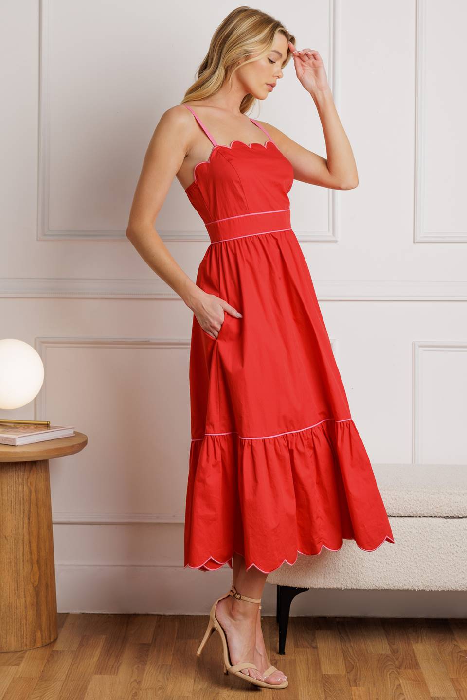 RUSTIC DREAM RED WOVEN MIDI DRESS