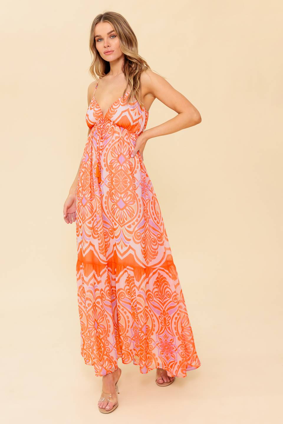 ROMANCE LANGUAGE CORAL WOVEN MAXI DRESS