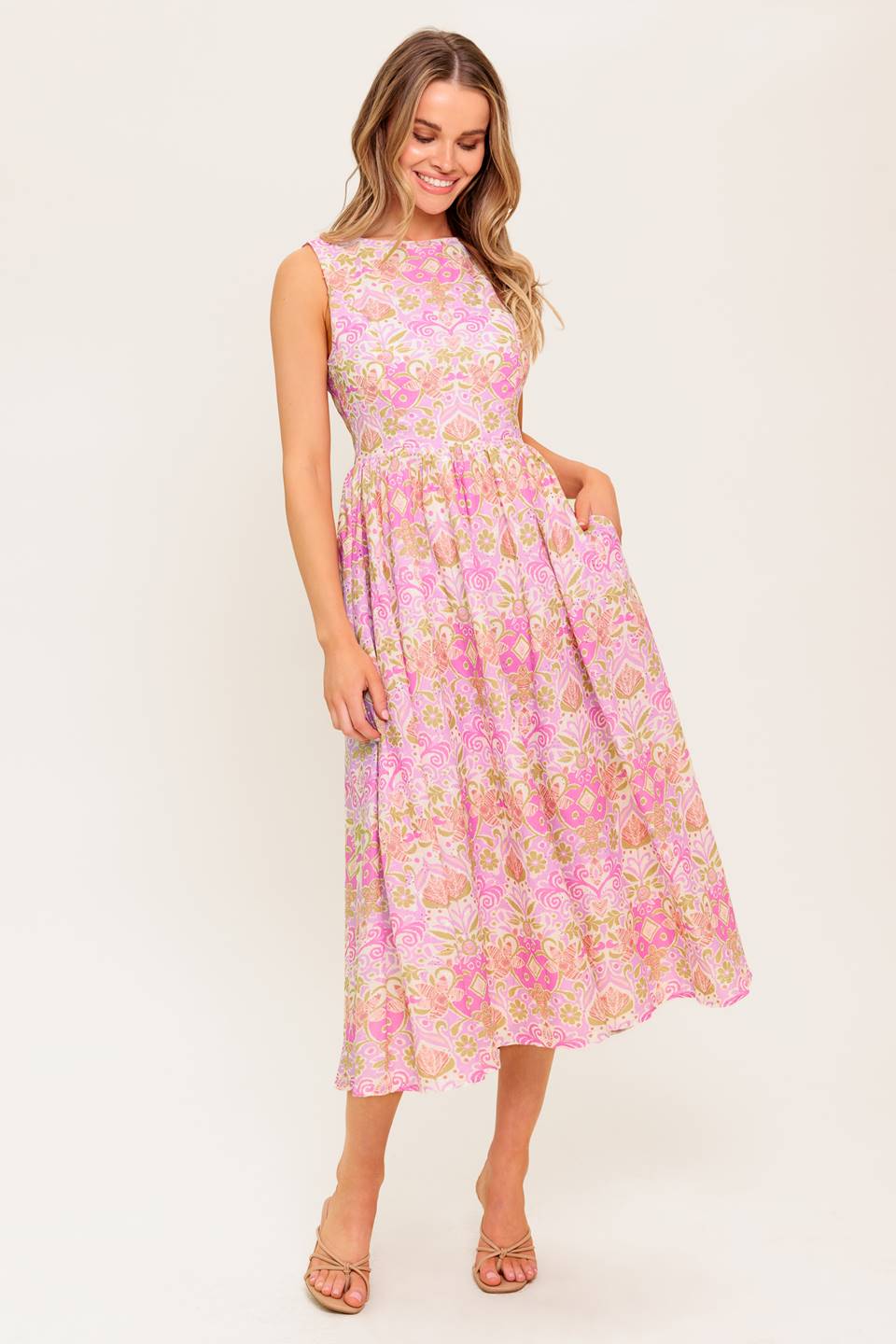 UNDER THE SUN PINK WOVEN MIDI DRESS