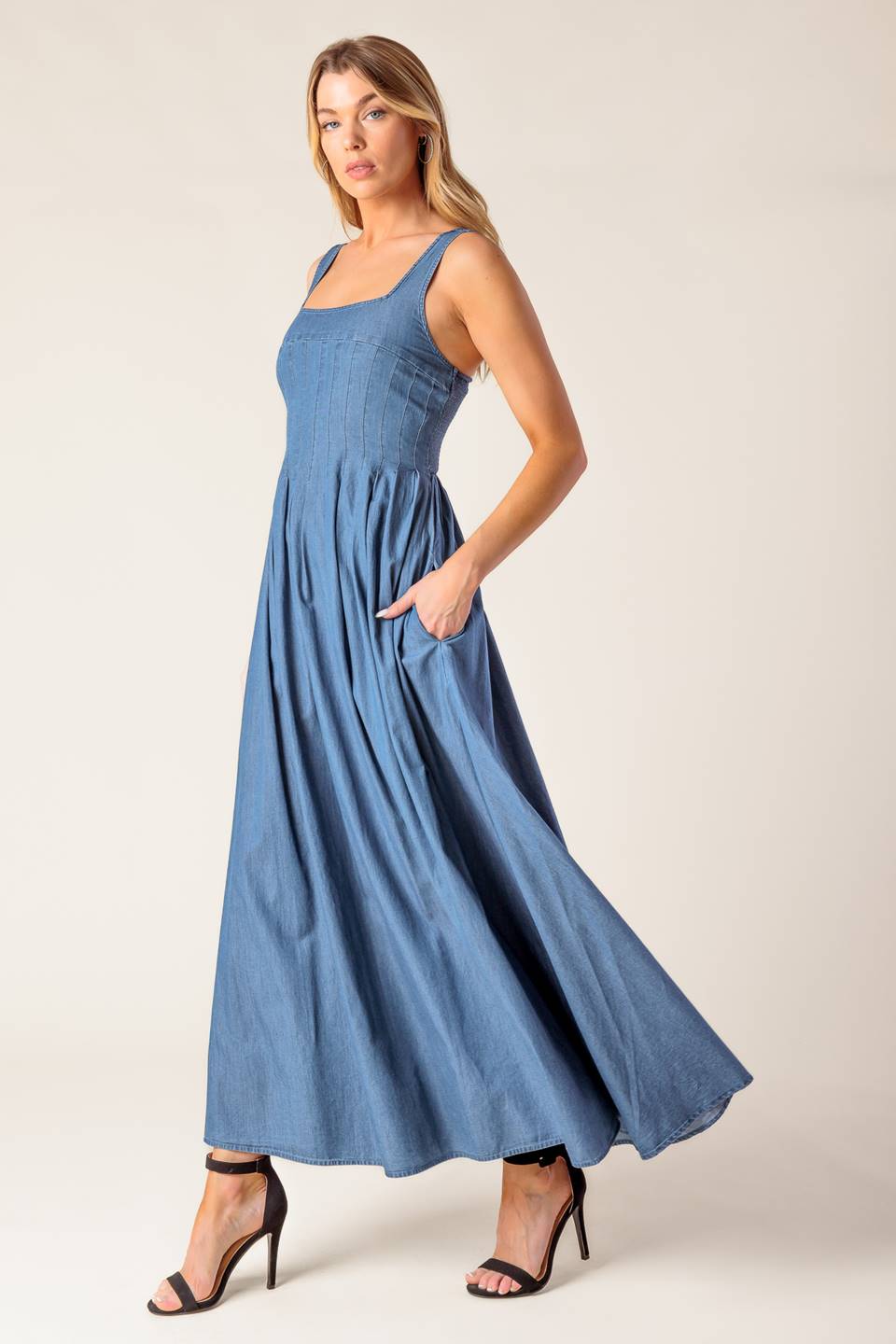 PASSIFLORA INDIGO DENIM MIDI DRESS