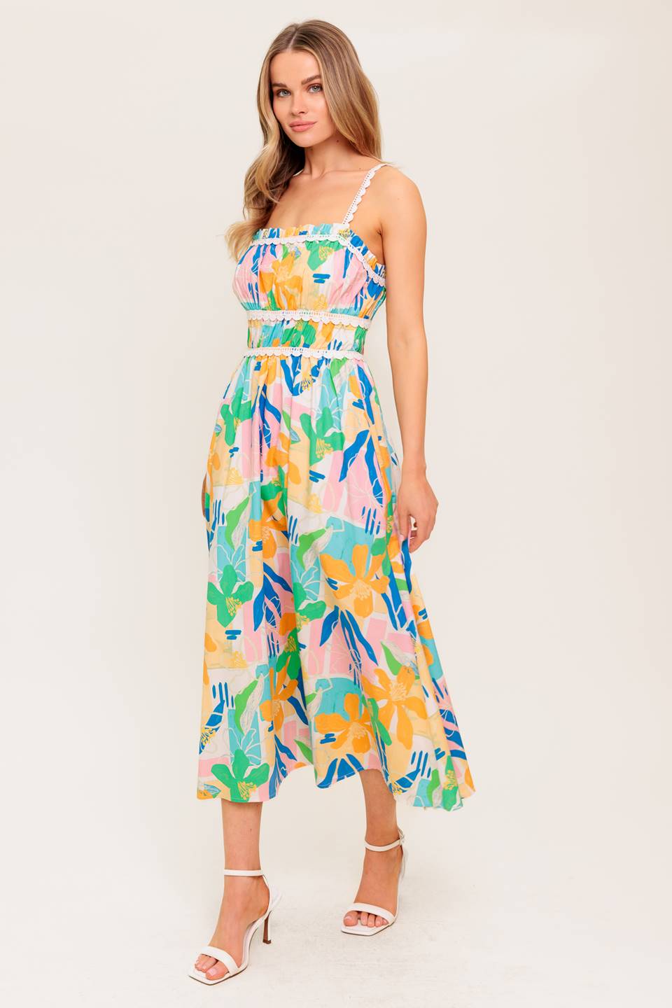 SUNLIT GARDEN PINK BLUE WOVEN MIDI DRESS