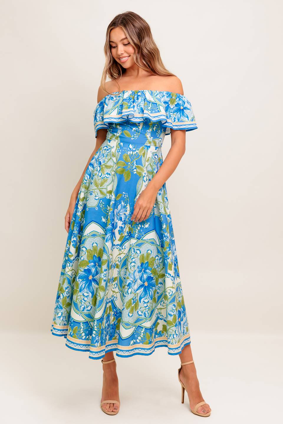 TROPICAL HAZE POWDER BLUE WOVEN MIDI DRESS