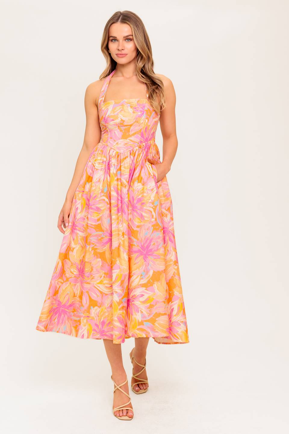 MORNING BLOOM CORAL WOVEN MIDI DRESS