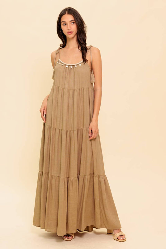 WORLD OF POSSIBLILITIES TAUPE WOVEN MAXI DRESS