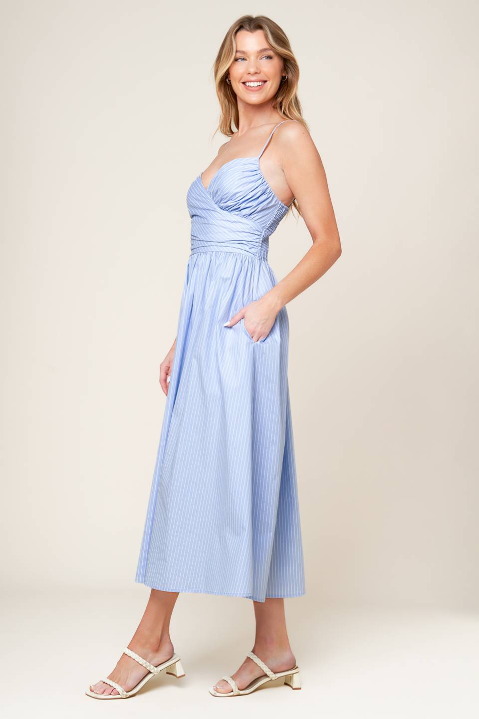 SUMMER INVITE PASTEL BLUE WOVEN MIDI DRESS
