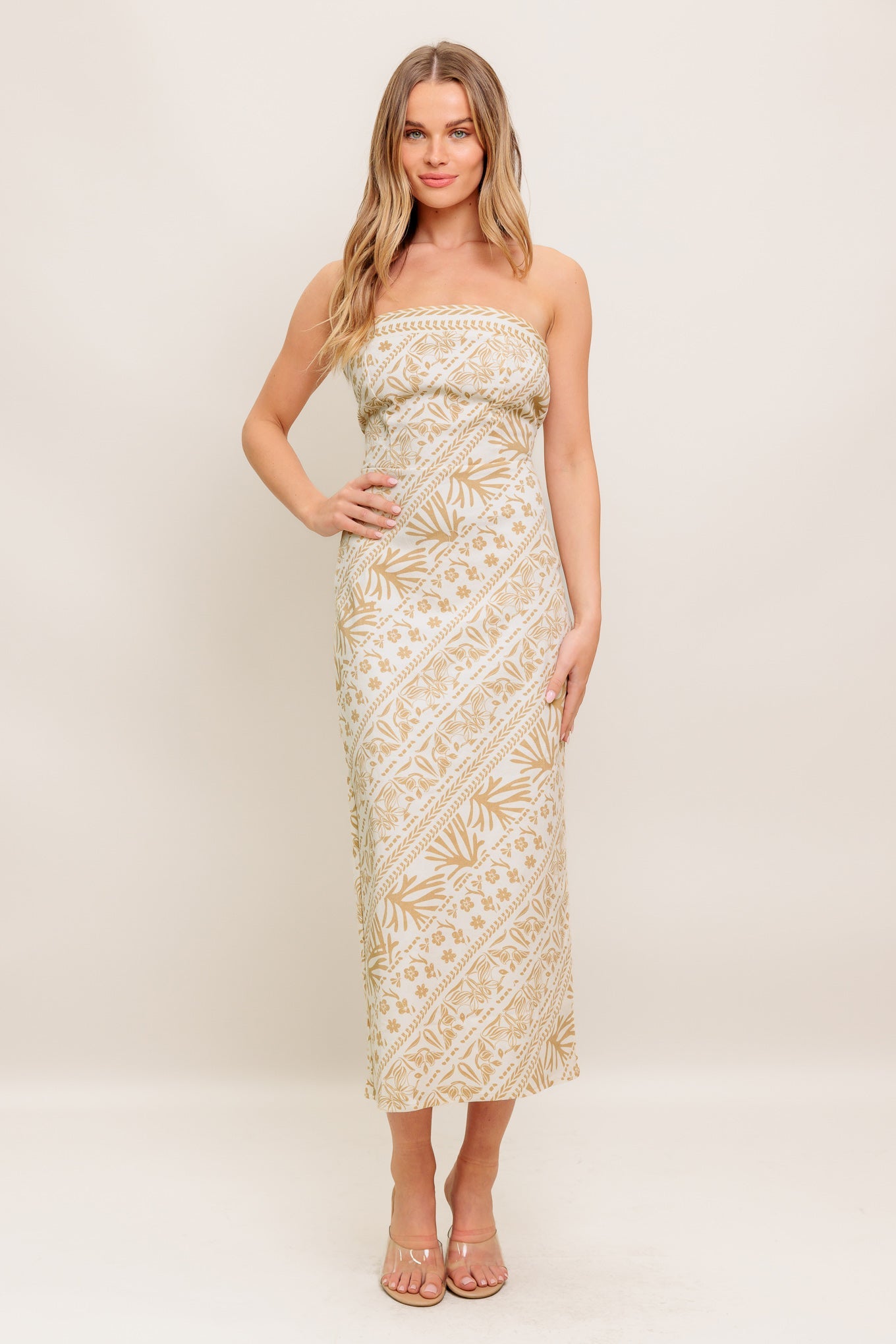 BOHO TROPIC DRAPE WOVEN MIDI DRESS
