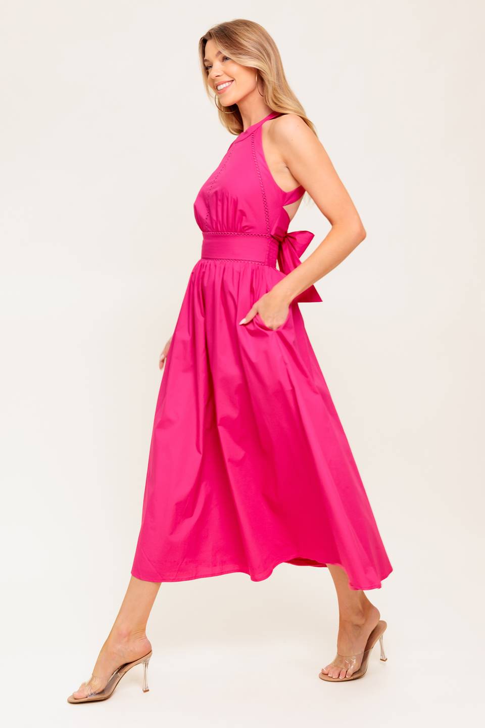 PEONY TOUCH FUCHSIA WOVEN MIDI DRESS