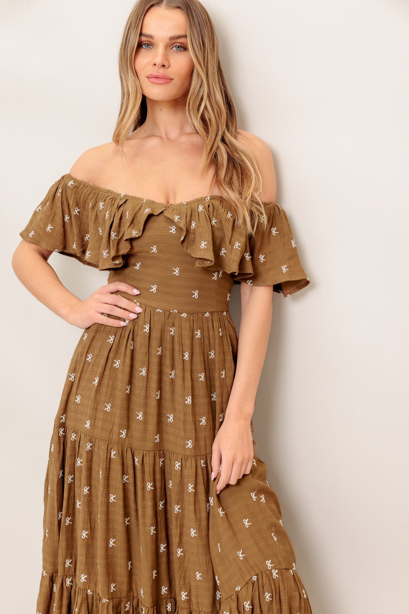 BELLE AMOUR BROWN WOVEN MIDI DRESS