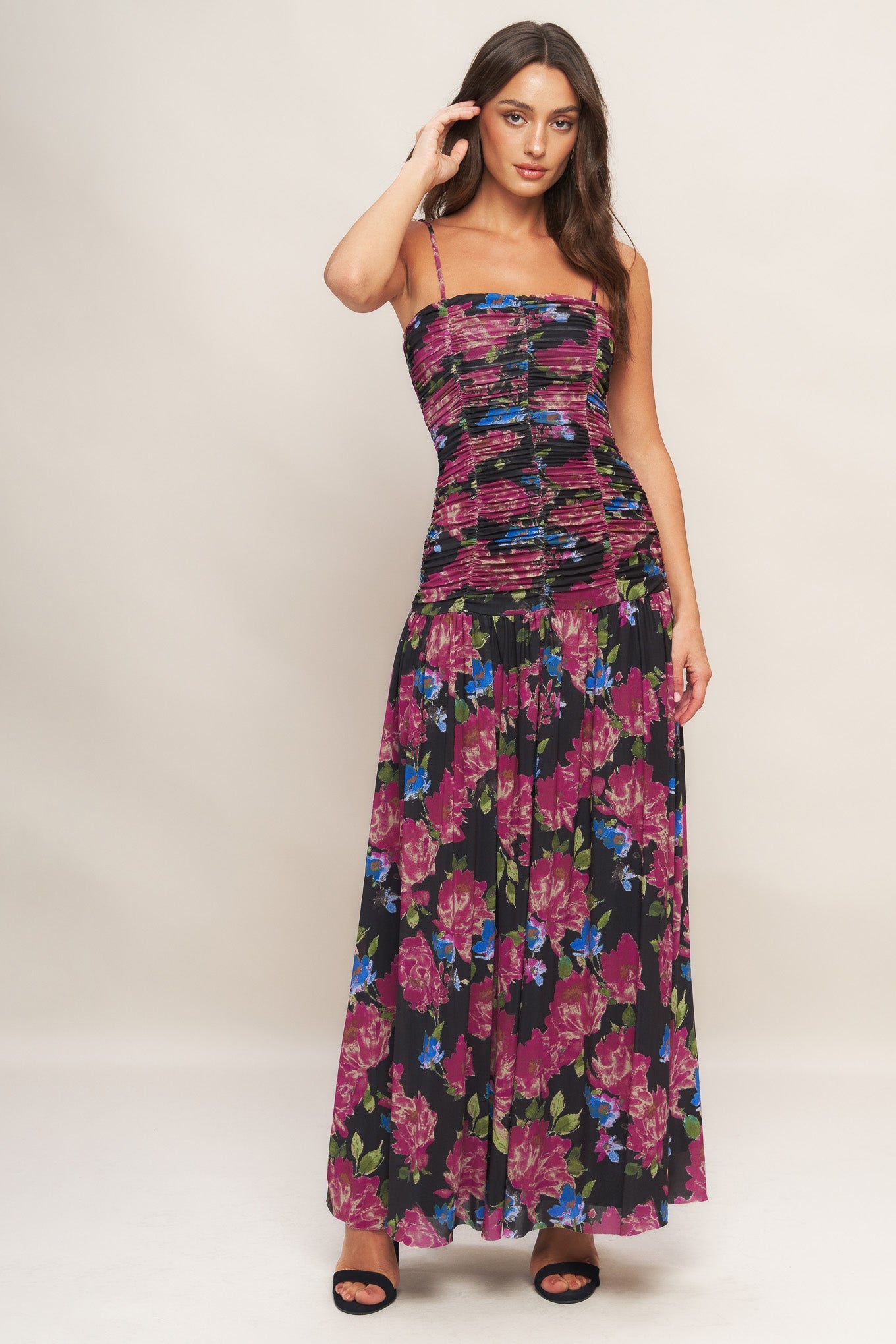 NIGHT FLORIST POWER MESH MAXI DRESS