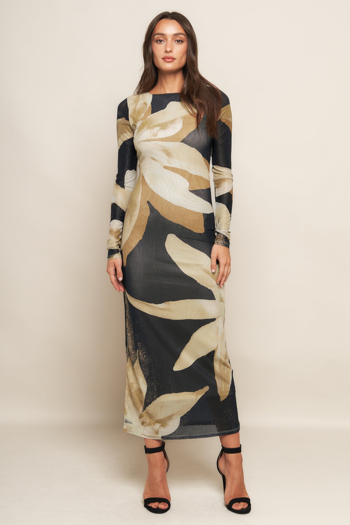 ABSTRACT BOTANICA POWER MESH MIDI DRESS
