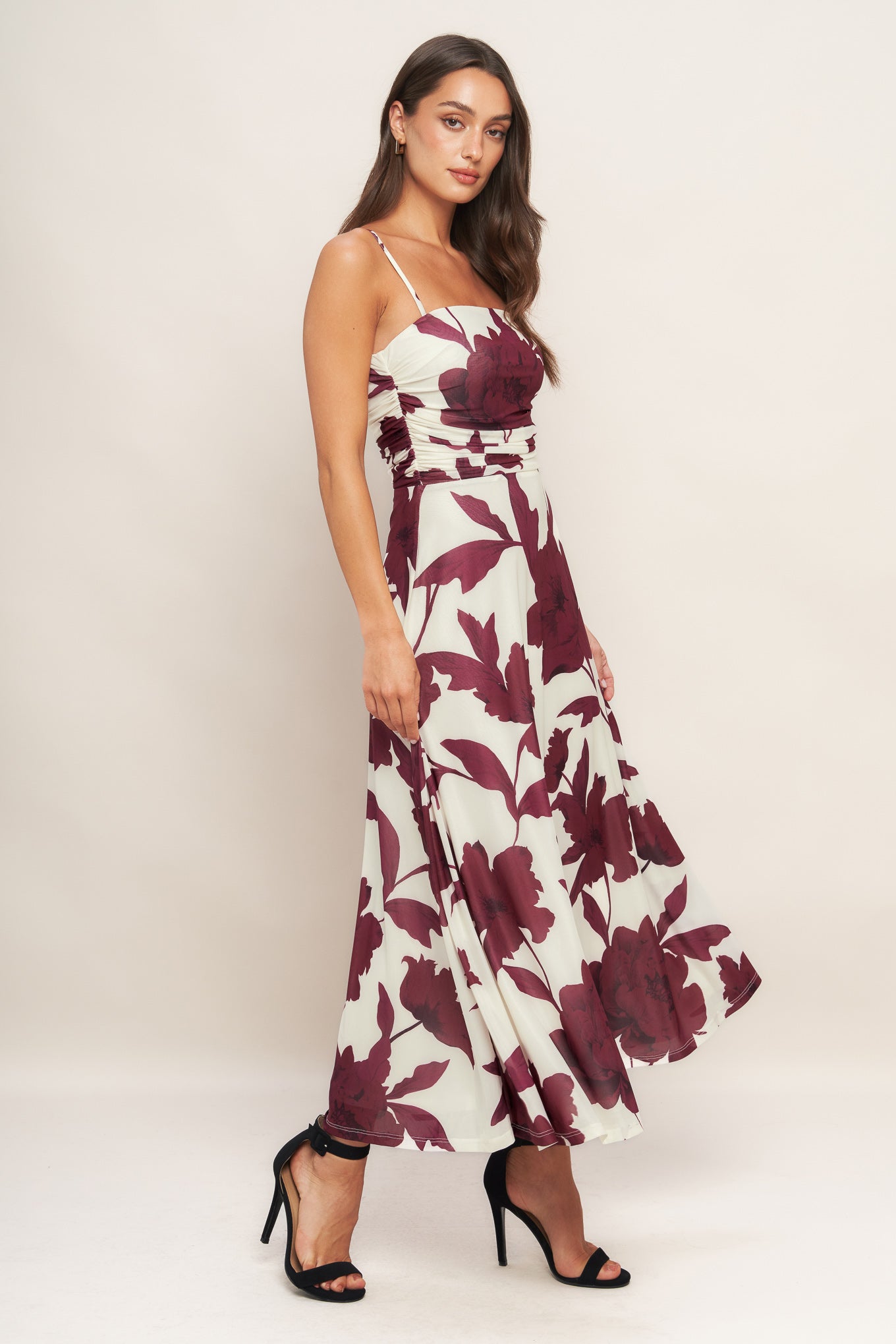 WINE BLOOM POWER MESH MIDI DRESS