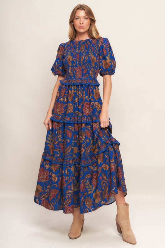 BOHEMIAN NAVY FLORAL WOVEN MIDI DRESS