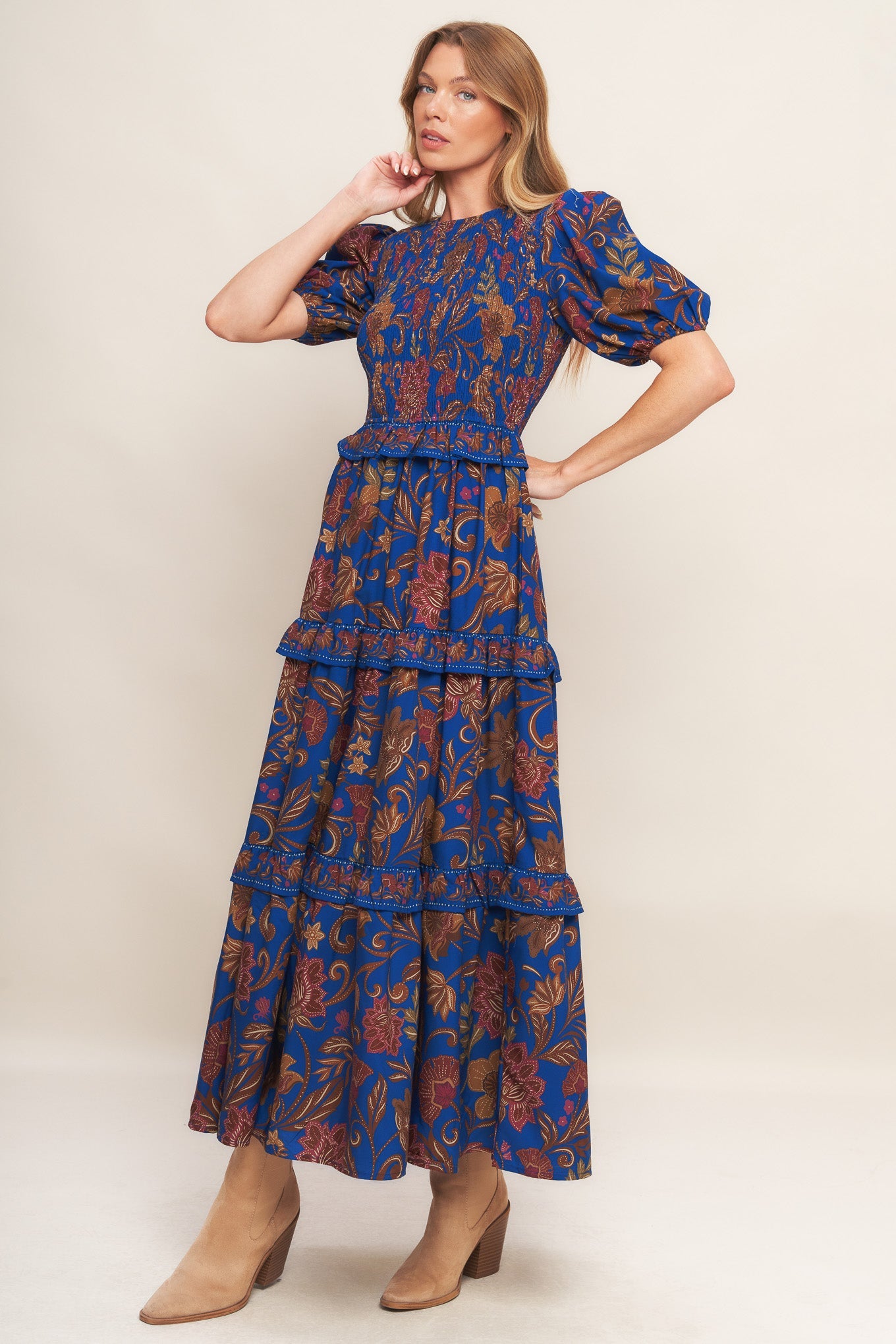 BOHEMIAN NAVY FLORAL WOVEN MIDI DRESS