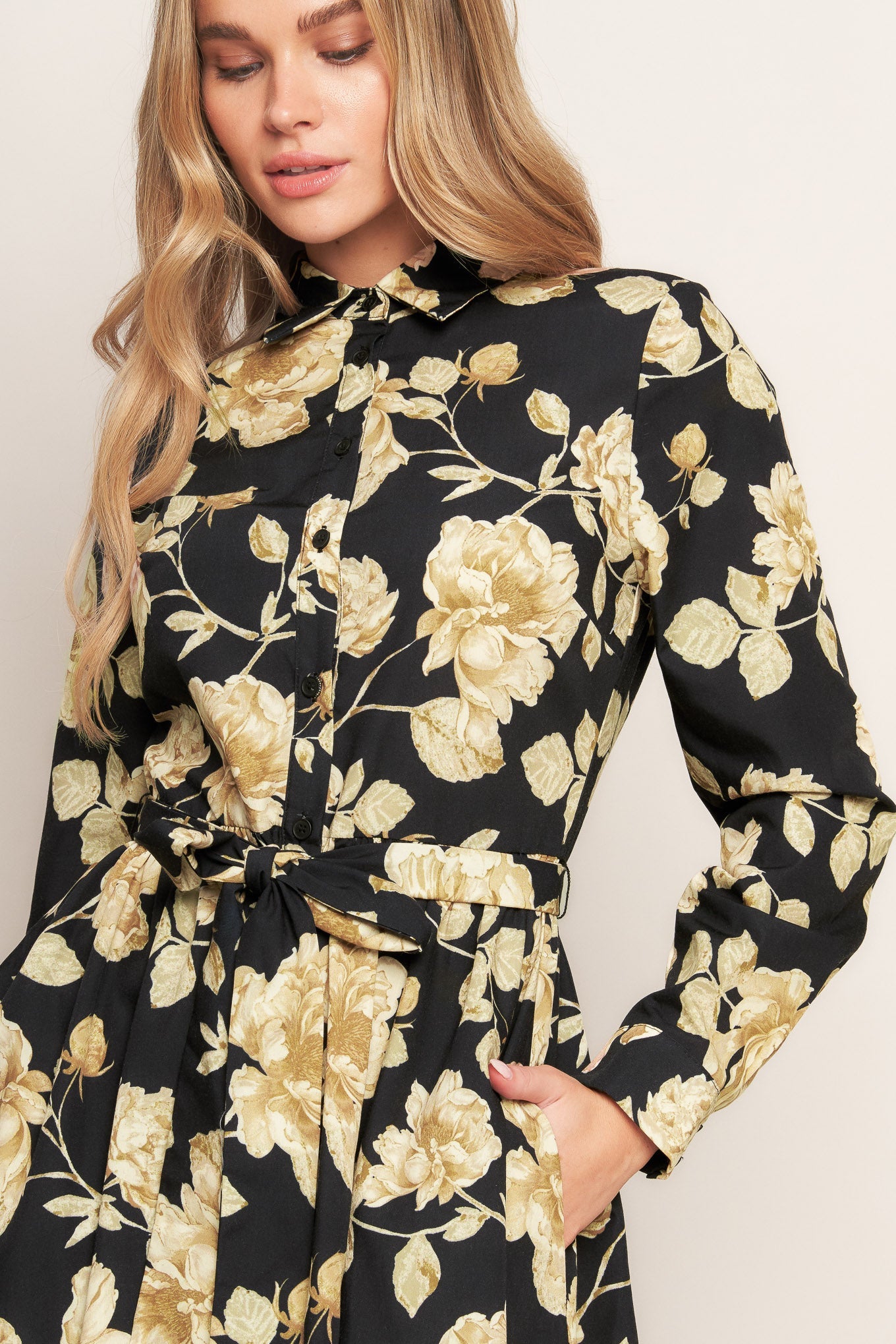 MIDNIGHT BLOOM BLACK WOVEN MIDI DRESS