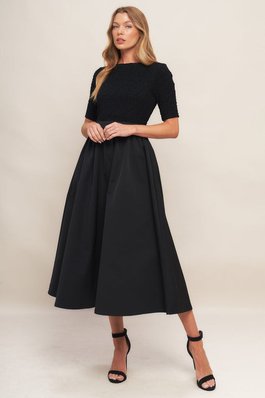 EVENING GRACE BLACK WOVEN MIDI DRESS