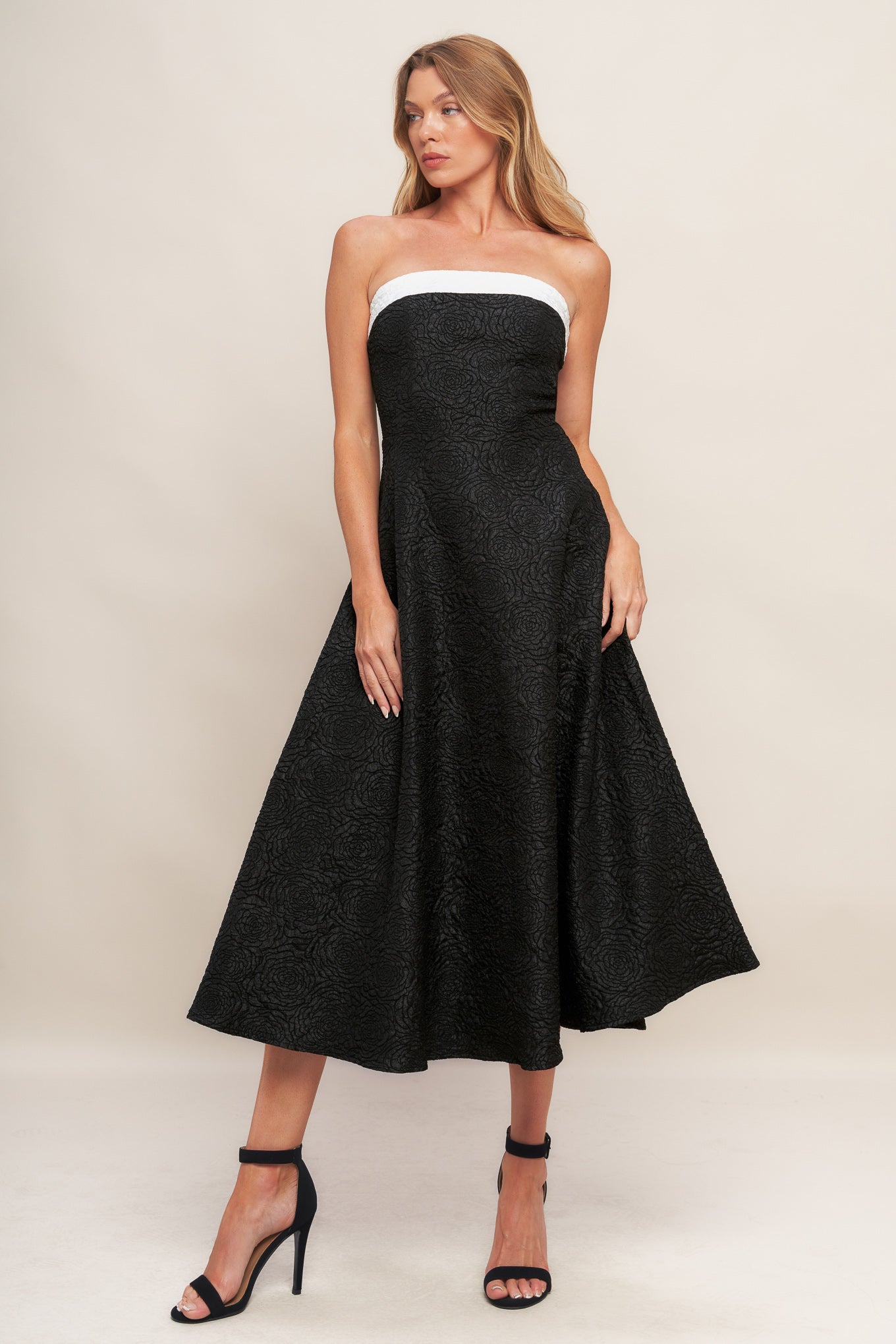 MIDNIGHT GRACE WOVEN MIDI DRESS