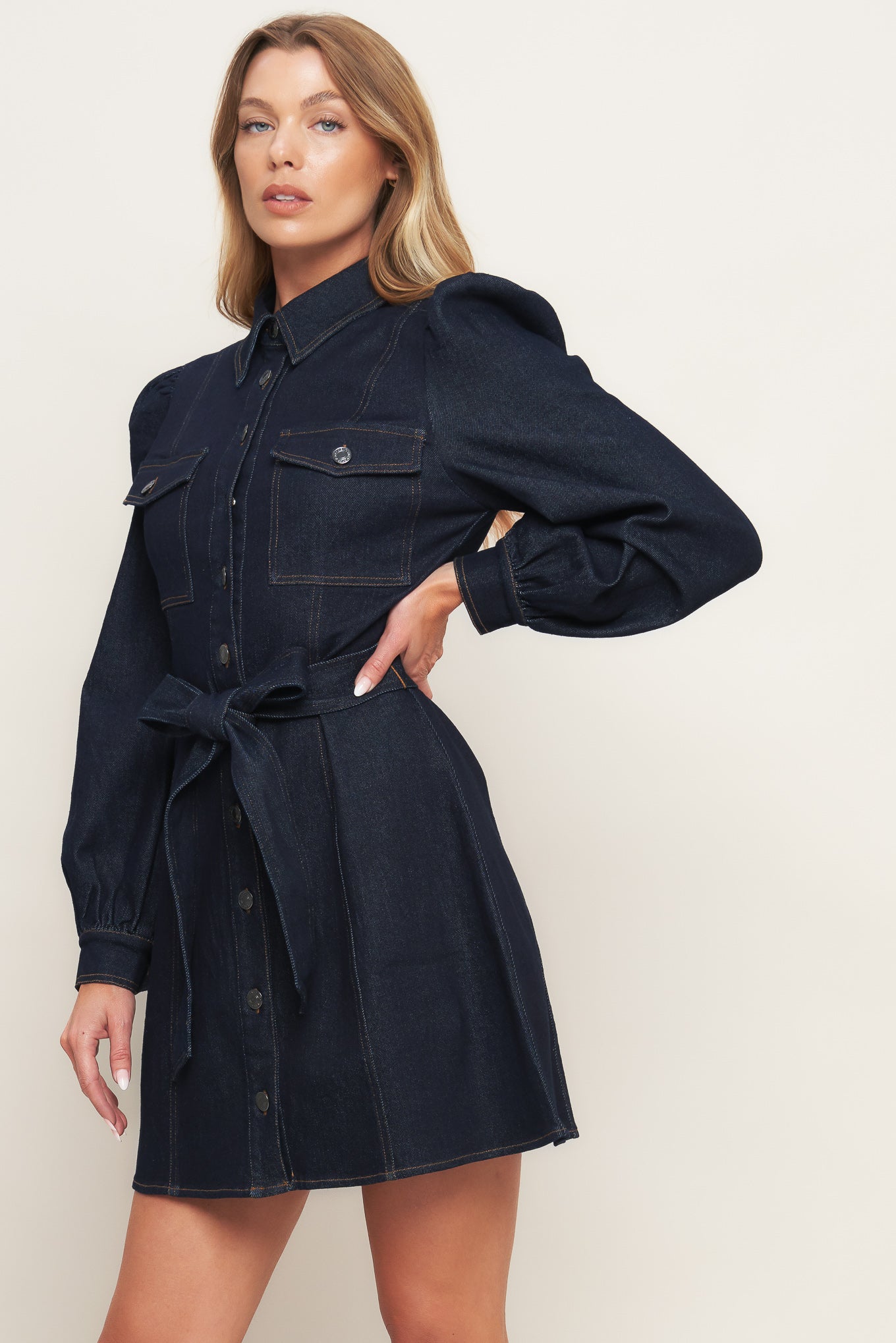 HOLIDAY DARK INDIGO DENIM MINI DRESS