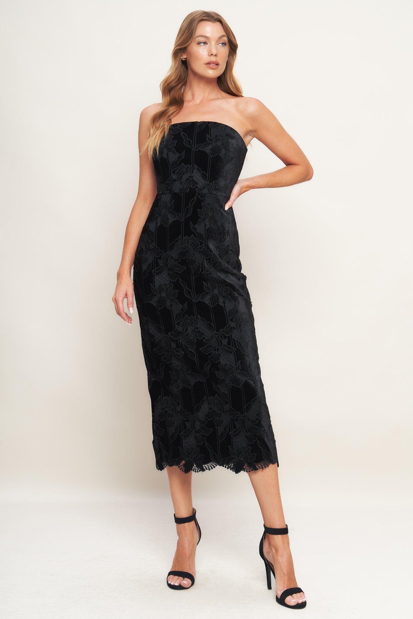 BLACK TEMPTATION WOVEN VELVET LACE MIDI DRESS