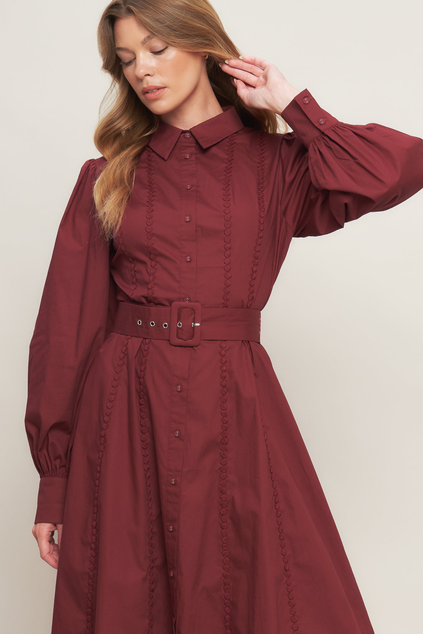 MODERN FEMME BURGUNDY WOVEN MIDI DRESS