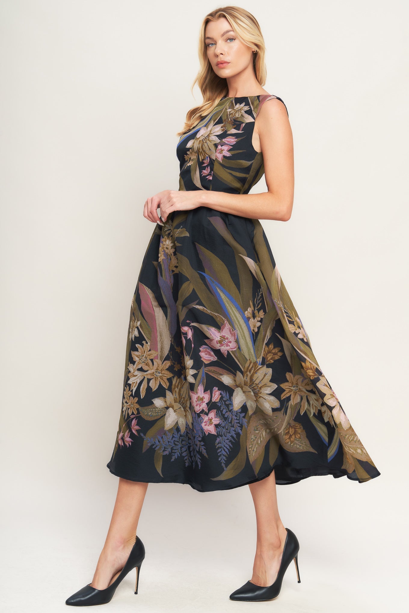 FOLIAGE WHISPER WOVEN MIDI DRESS