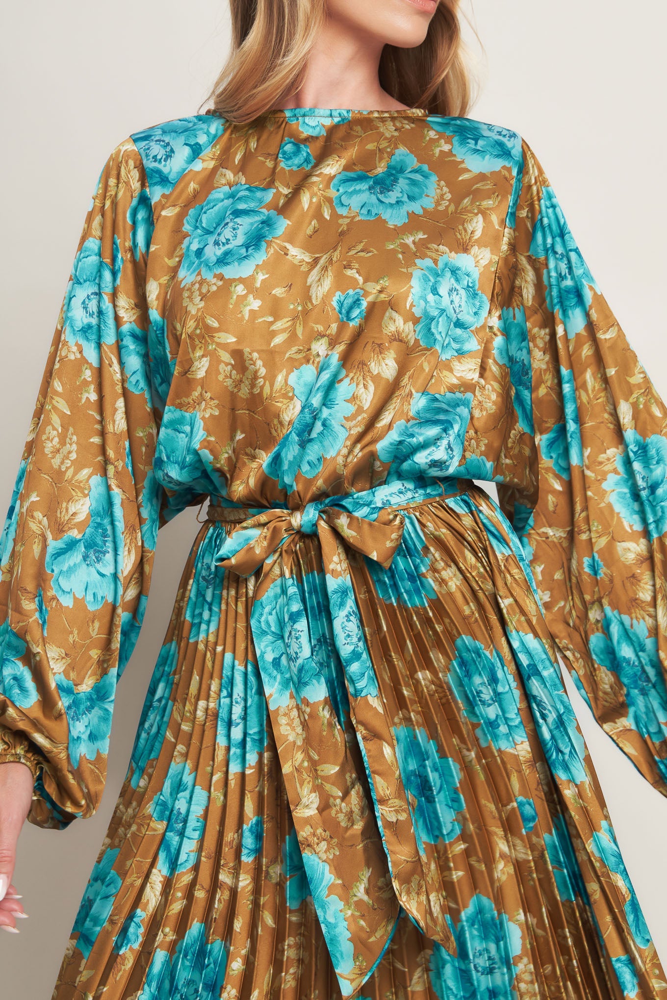 GOLDEN BLOOM LUXE WOVEN SATIN MAXI DRESS