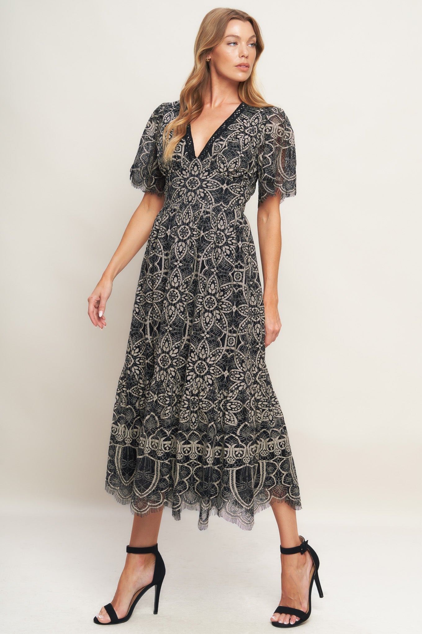 GOTHIC BLOOM WOVEN LACE MIDI DRESS