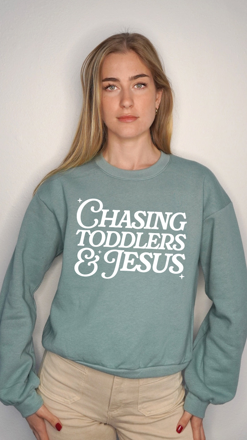 Chasing Toddler and Jesus Christian Mom Faith Bible Women's Slightly Cropped Sweatshirt