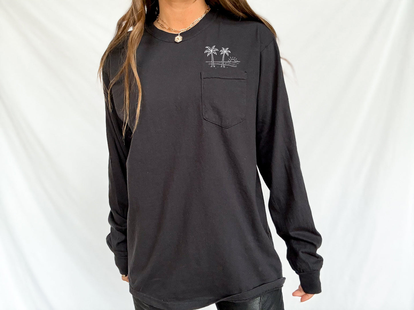 Comfort Colors Palm Tree Sun Wave Lake Beach Vacation Pocket Long Sleeve Shirt