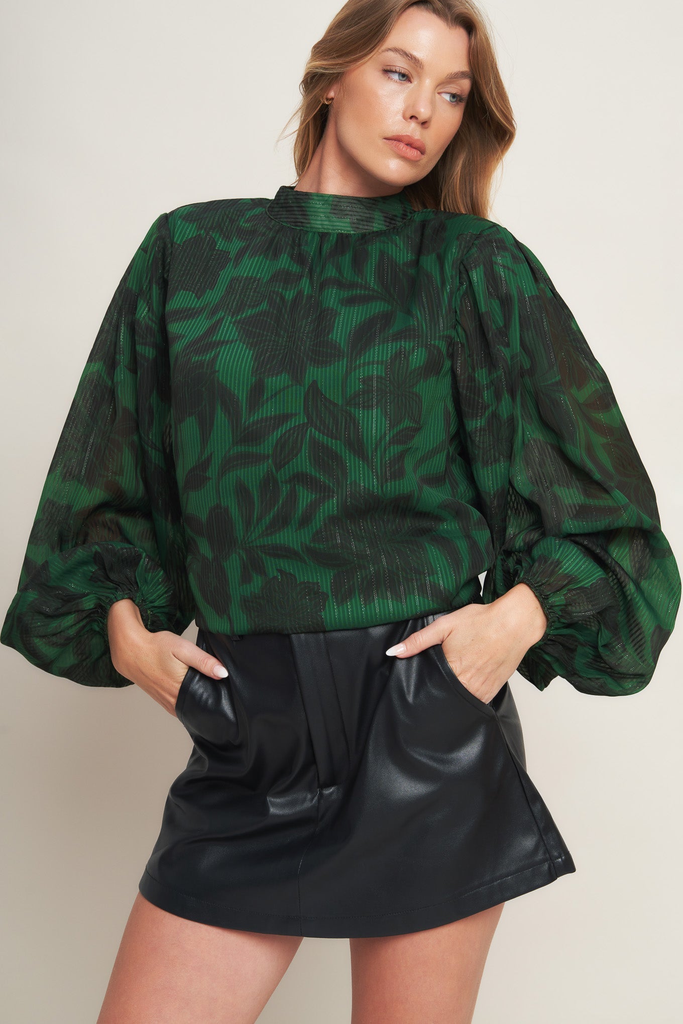 NOIR LEAF GREEN WOVEN TOP