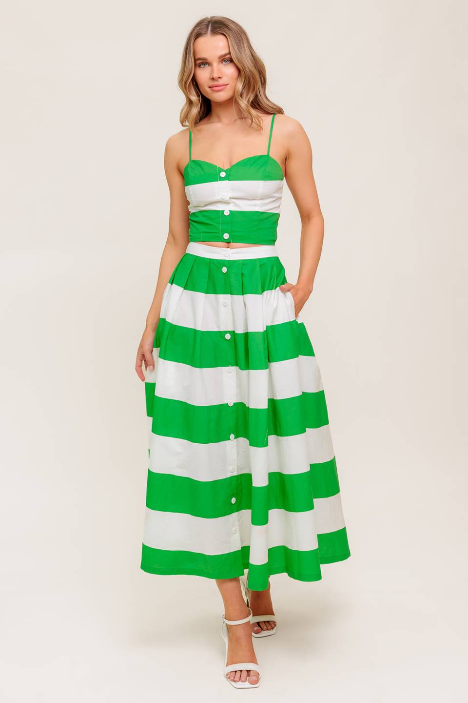 INFINITE FLARE GREEN WOVEN TOP AND SKIRT SET