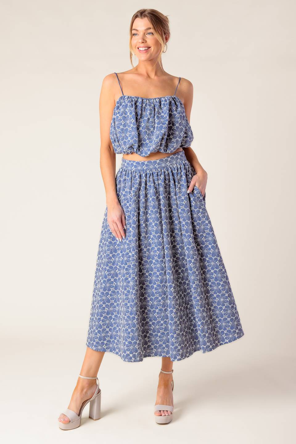 THE BEAUTY OF NOW WOVEN EYELET TOP AND SKIRT SET