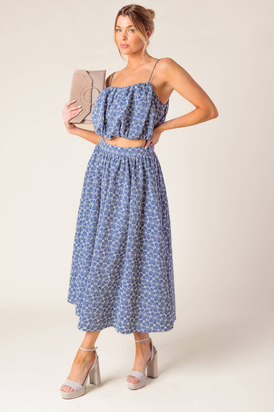 THE BEAUTY OF NOW WOVEN EYELET TOP AND SKIRT SET