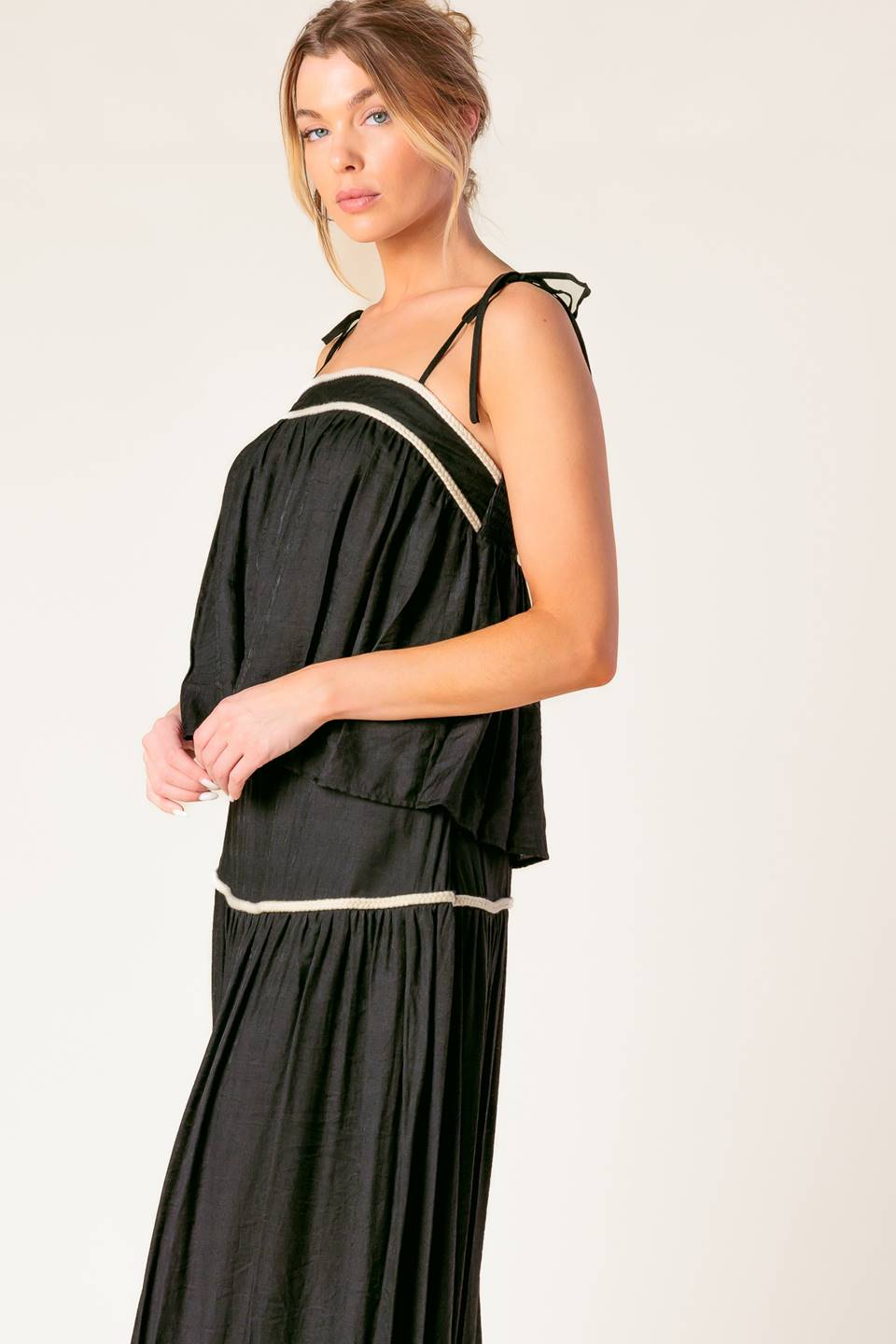 DIVIDE AND CONTOUR WOVEN TOP AND SKIRT SET