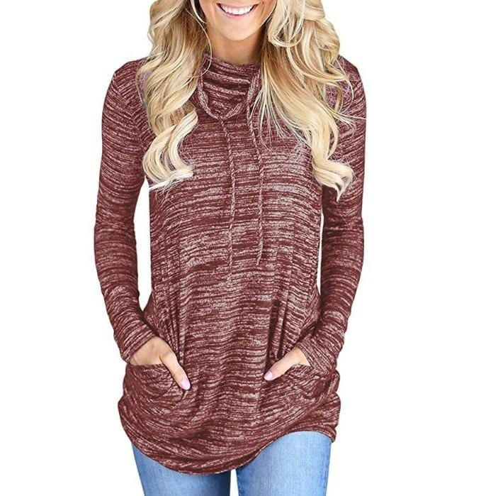 Drawstring Pocket Cowl Neck Pullover
