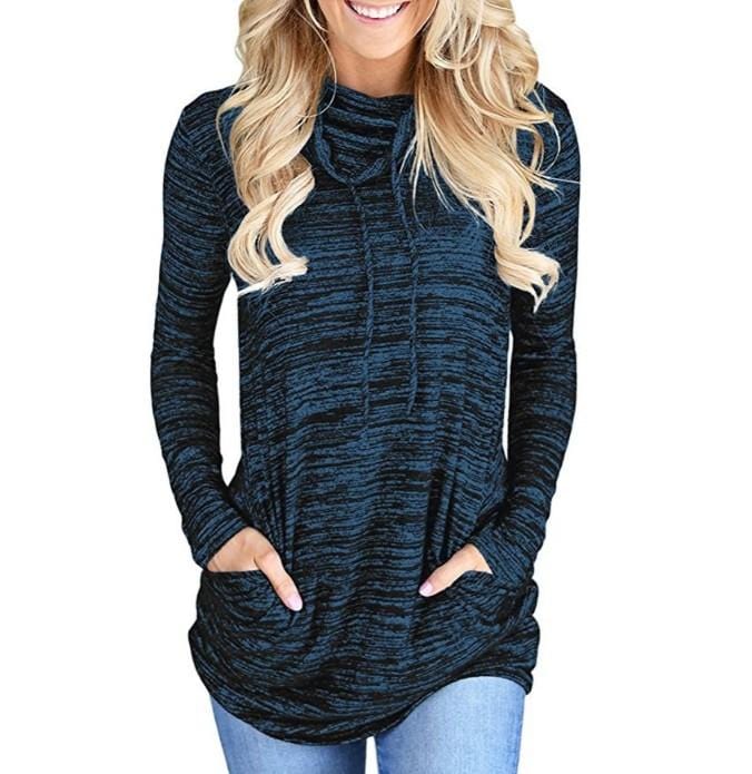Drawstring Pocket Cowl Neck Pullover