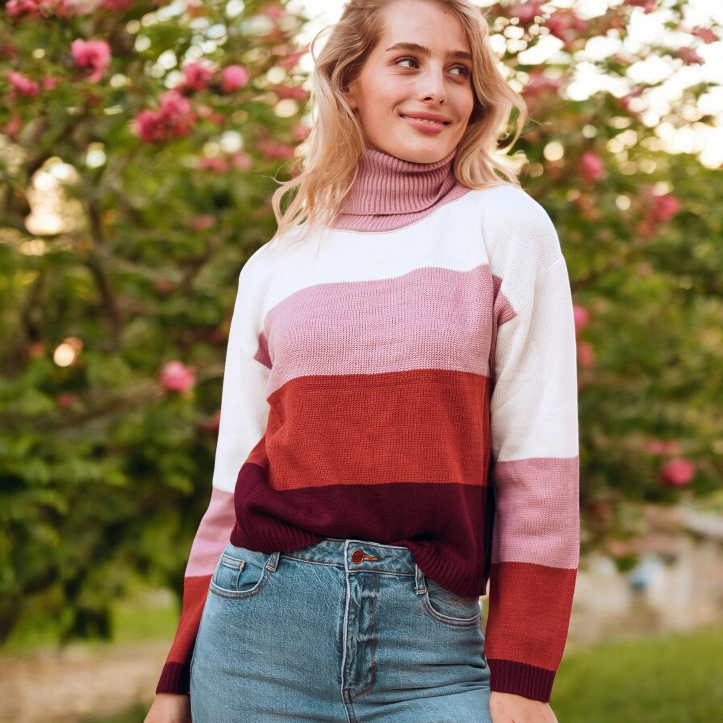 Striped Turtleneck Knit Pullover Sweater with Long Sleeves