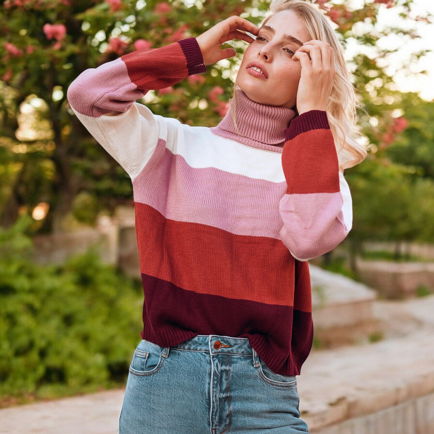 Striped Turtleneck Knit Pullover Sweater with Long Sleeves
