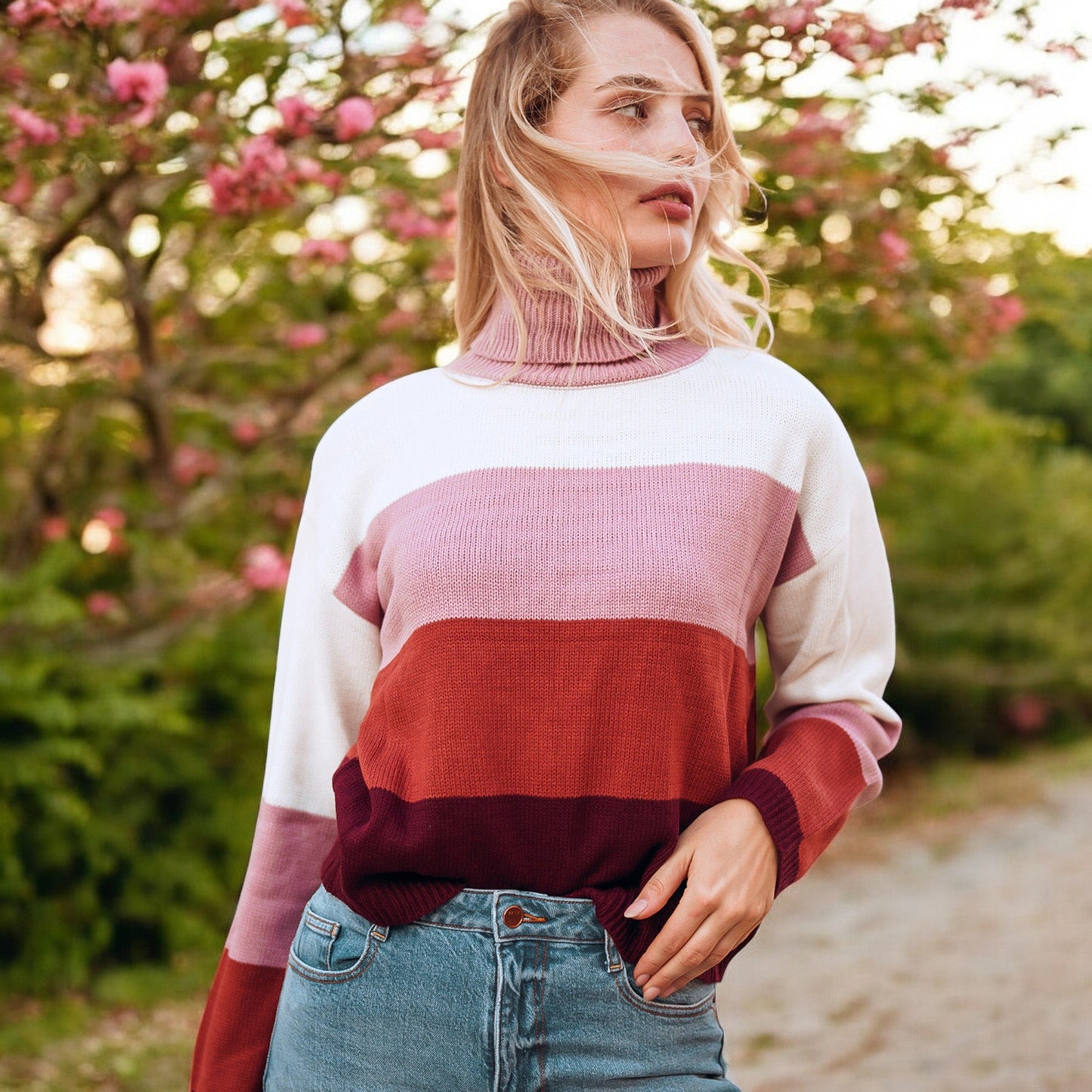 Striped Turtleneck Knit Pullover Sweater with Long Sleeves