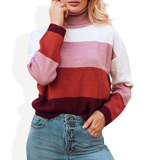 Striped Turtleneck Knit Pullover Sweater with Long Sleeves
