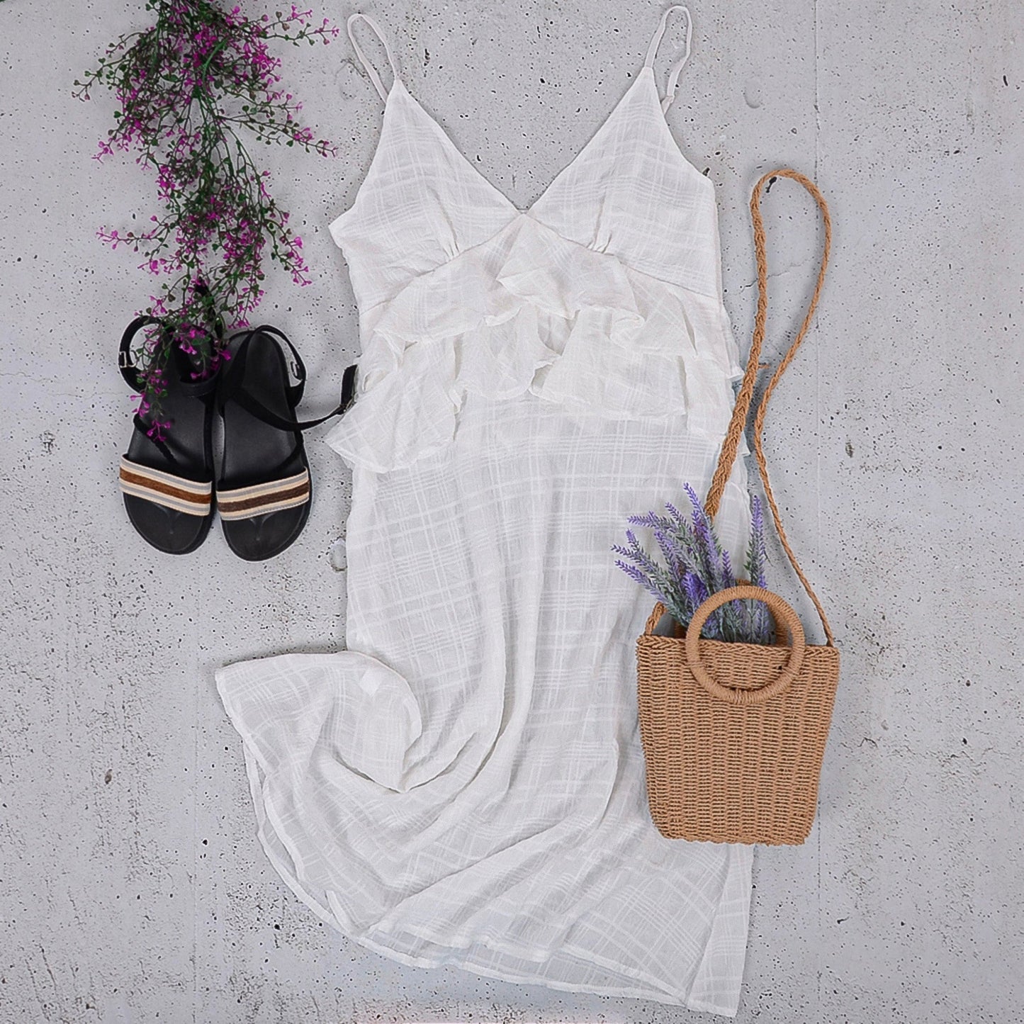 Sleeveless V-Neck Midi Dress with Layered Ruffle Detail and Flowy Skirt