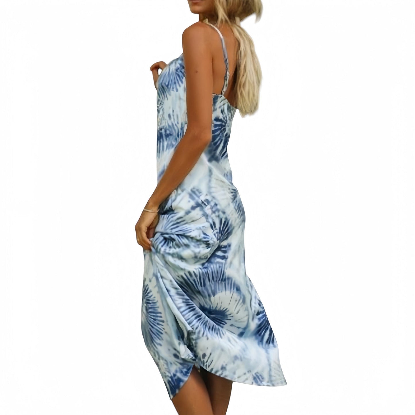 Tie Dye Midi Slip Dress with Cowl Neckline and Spaghetti Straps