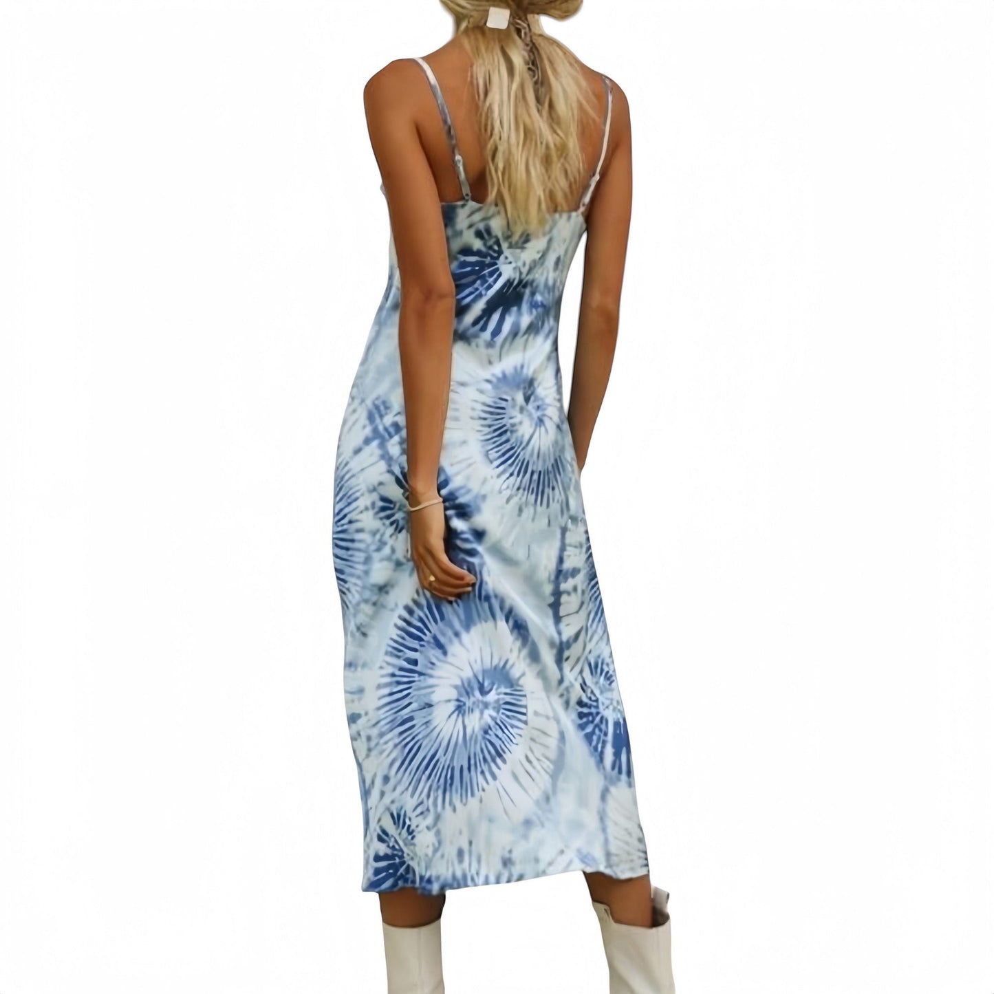 Tie Dye Midi Slip Dress with Cowl Neckline and Spaghetti Straps