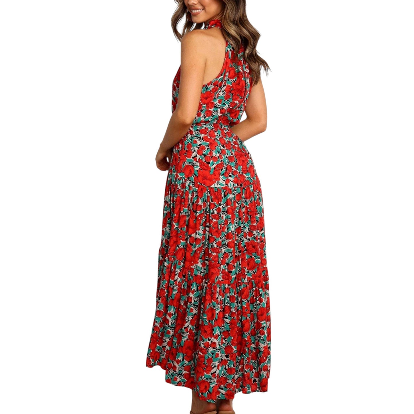 Halter Neck Floral Maxi Dress with Waist Tie and Flowing Skirt