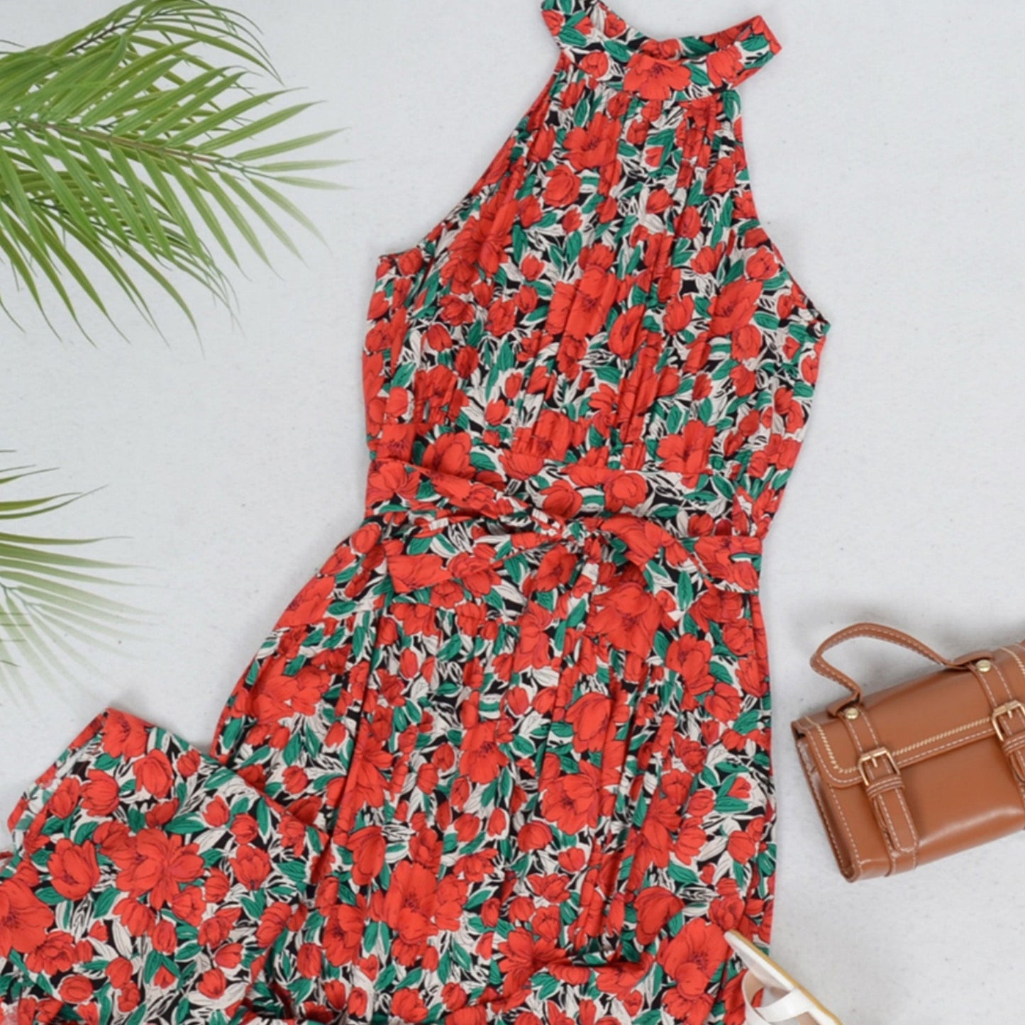 Halter Neck Floral Maxi Dress with Waist Tie and Flowing Skirt