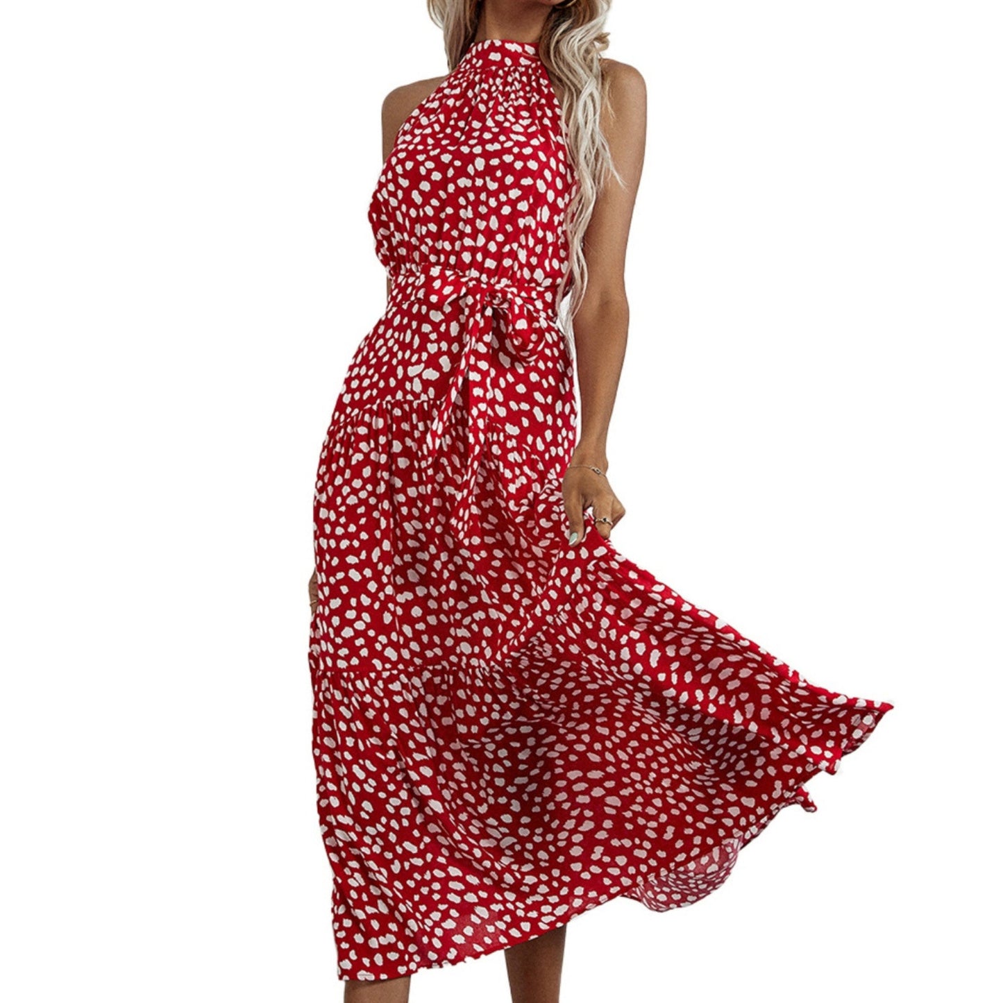 Halter Neck Floral Maxi Dress with Waist Tie and Flowing Skirt