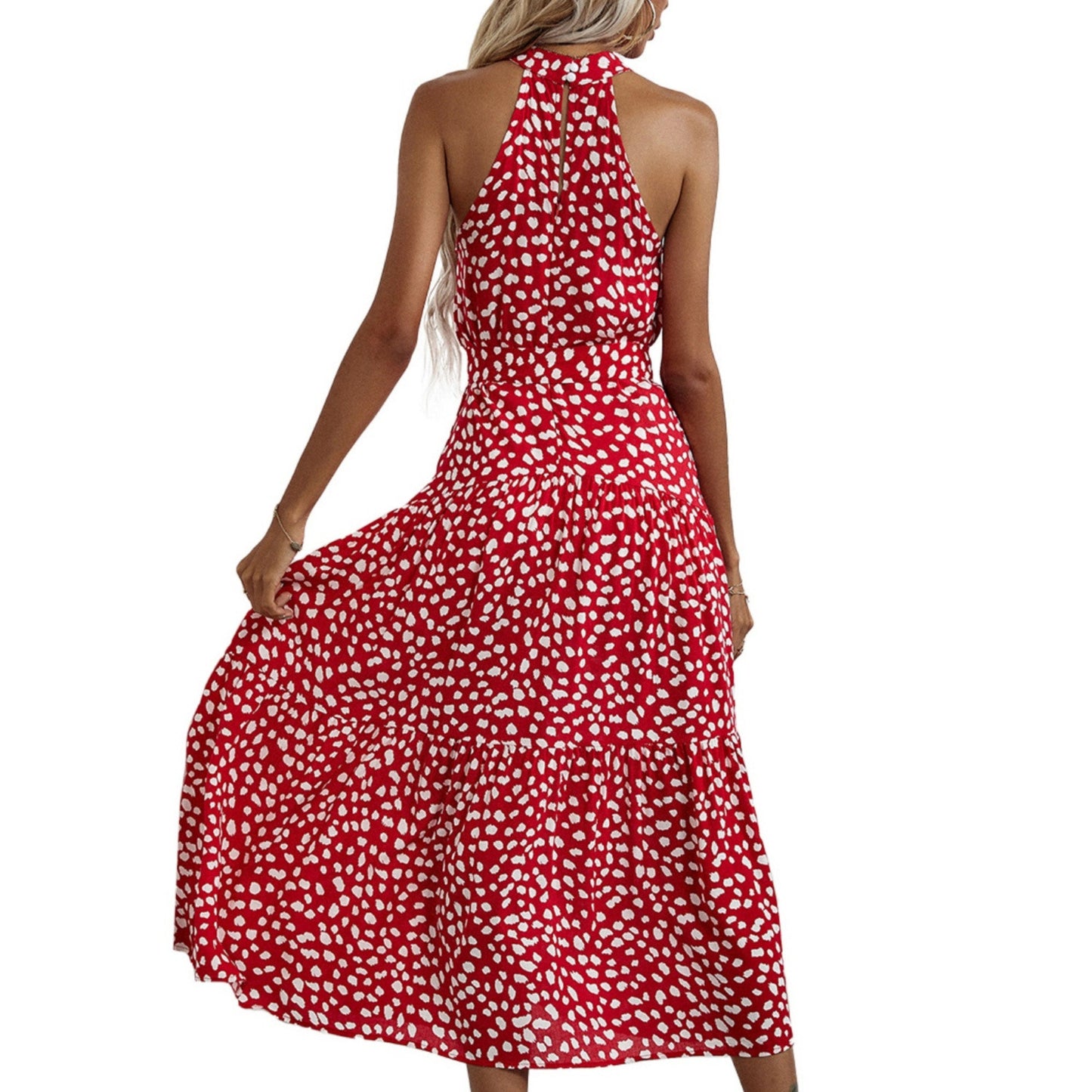 Halter Neck Floral Maxi Dress with Waist Tie and Flowing Skirt