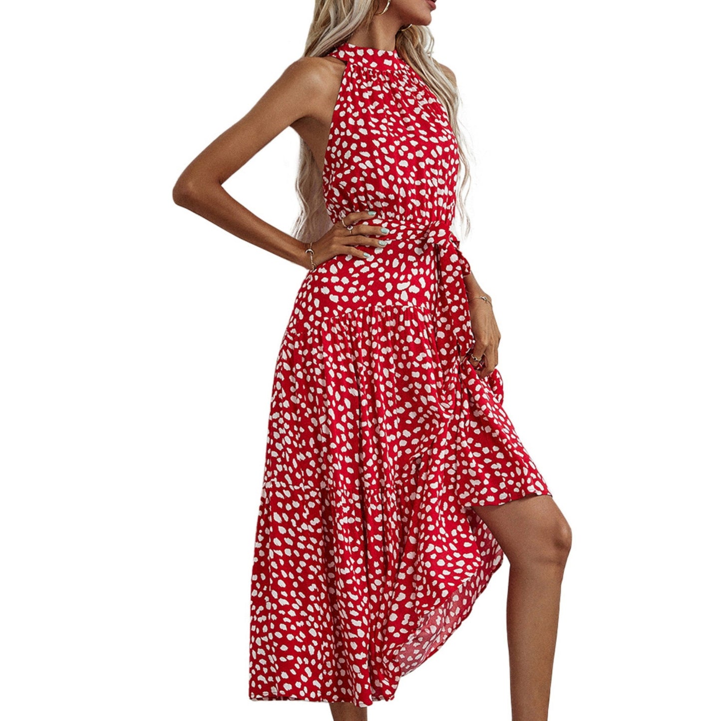 Halter Neck Floral Maxi Dress with Waist Tie and Flowing Skirt