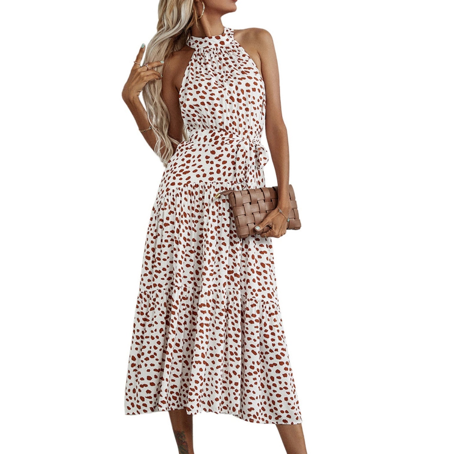 Halter Neck Floral Maxi Dress with Waist Tie and Flowing Skirt