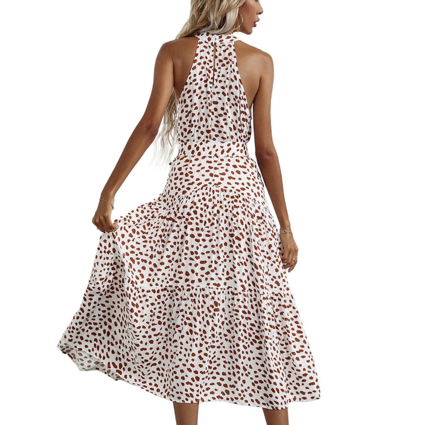 Halter Neck Floral Maxi Dress with Waist Tie and Flowing Skirt